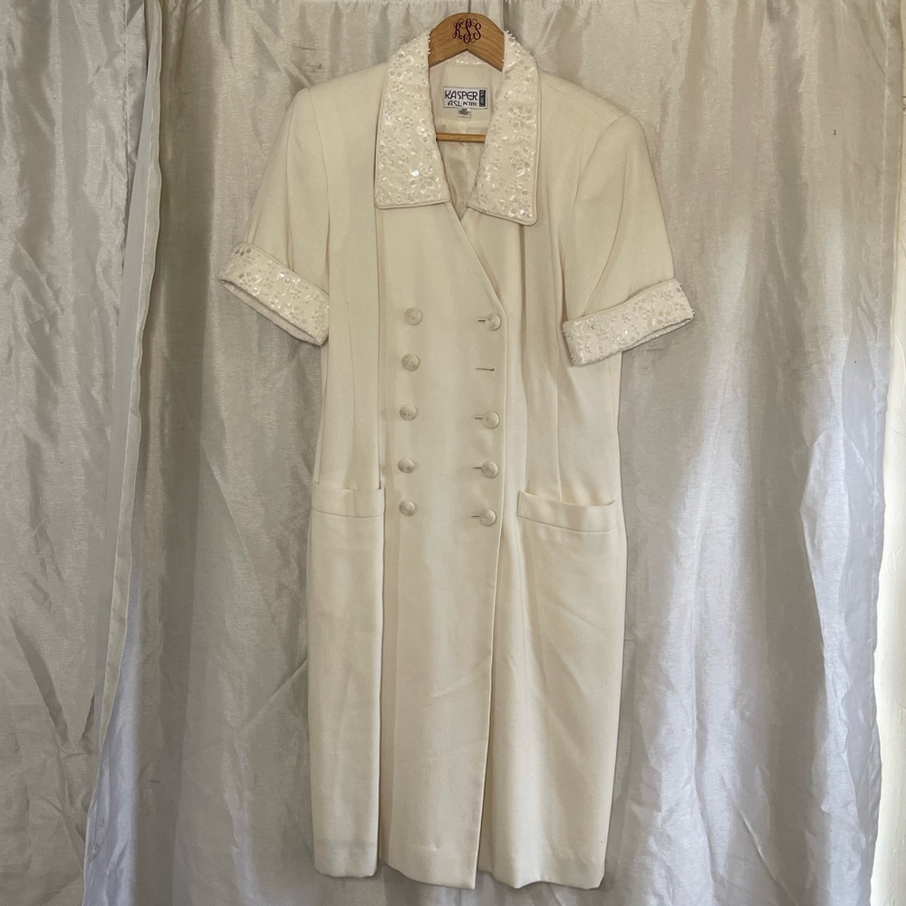 VTG 90’s Sequin Lace Glam Embellished Cream White Wedding Shirt Midi Dress